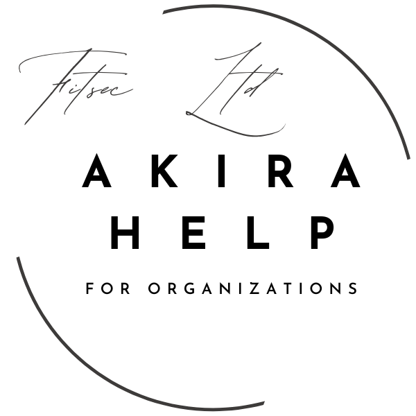 black colored text inside of a circle, has short information to who Akira help is for and Fitsec signature